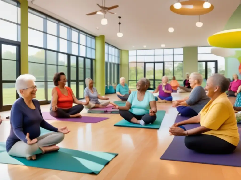 Un grupo diverso de personas mayores sonrientes participa en un programa de salud y bienestar comunitario en un moderno centro comunitario. <b>Se involucran en actividades como yoga, jardinería y socialización, creando un ambiente cálido e inclusivo.</b> El espacio está lleno de murales coloridos, asientos cómodos