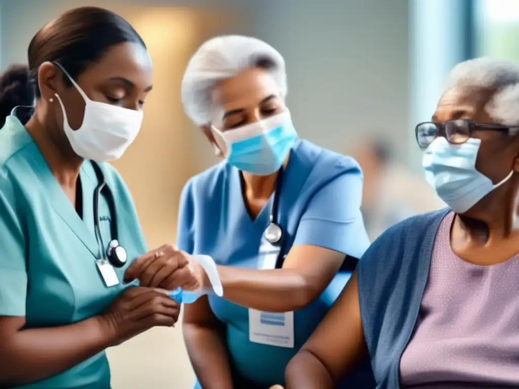 Un grupo diverso de personas mayores sonriendo mientras reciben vacunas en un centro médico moderno, destacando la importancia de la vacunación en longevidad.