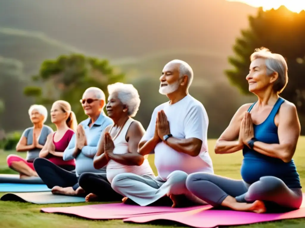 Un grupo diverso de personas mayores participa en una sesión vibrante de yoga al aire libre al amanecer, irradiando paz y vitalidad. Representa la longevidad humana a través de la práctica consciente.