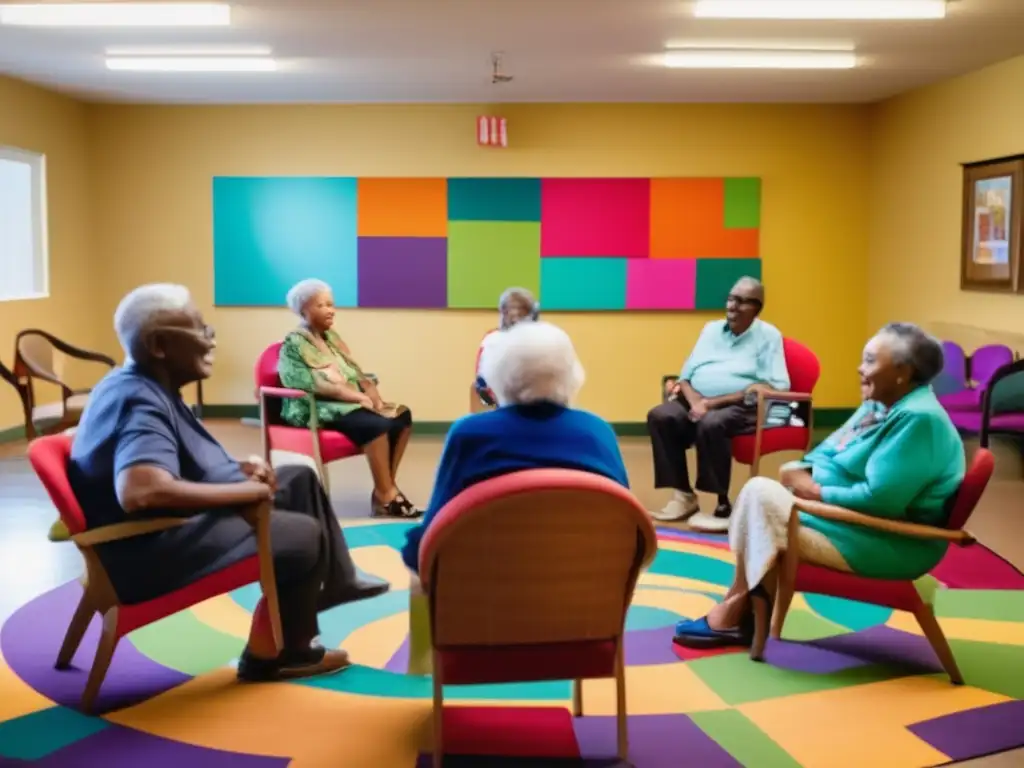 Un grupo diverso de personas mayores participa en una animada discusión en un centro comunitario. <b>La habitación está llena de luz natural y las paredes están adornadas con coloridas obras de arte creadas por los mayores.</b> El grupo se sienta en círculo, algunos en cómodos sillones y otros en coloridos