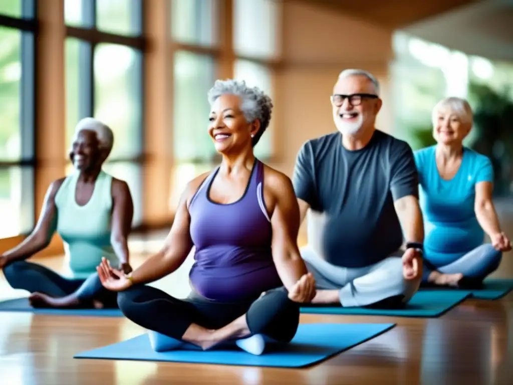 Un grupo diverso de personas mayores participa en actividades físicas como yoga, trotar y nadar en un moderno centro de fitness. La imagen destaca la importancia de mantenerse activo y promover un estilo de vida saludable para la longevidad, resaltando los impactos positivos de la actividad física en el envejec