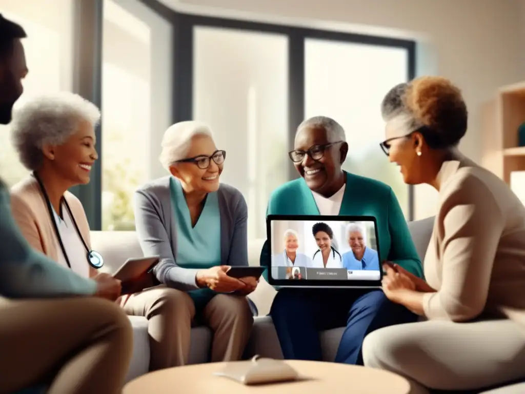 Un grupo diverso de personas mayores participa en una sesión de telemedicina en una sala luminosa y contemporánea. <b>Interactúan con tablets y laptops, transmitiendo una sensación de empoderamiento y confianza.</b> <b>'Telemedicina para una vida saludable'.