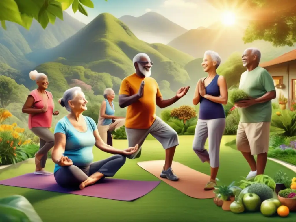 Un grupo diverso de personas mayores disfrutando de actividades al aire libre en un entorno verde y soleado, mostrando los beneficios de una dieta vegana en la longevidad.