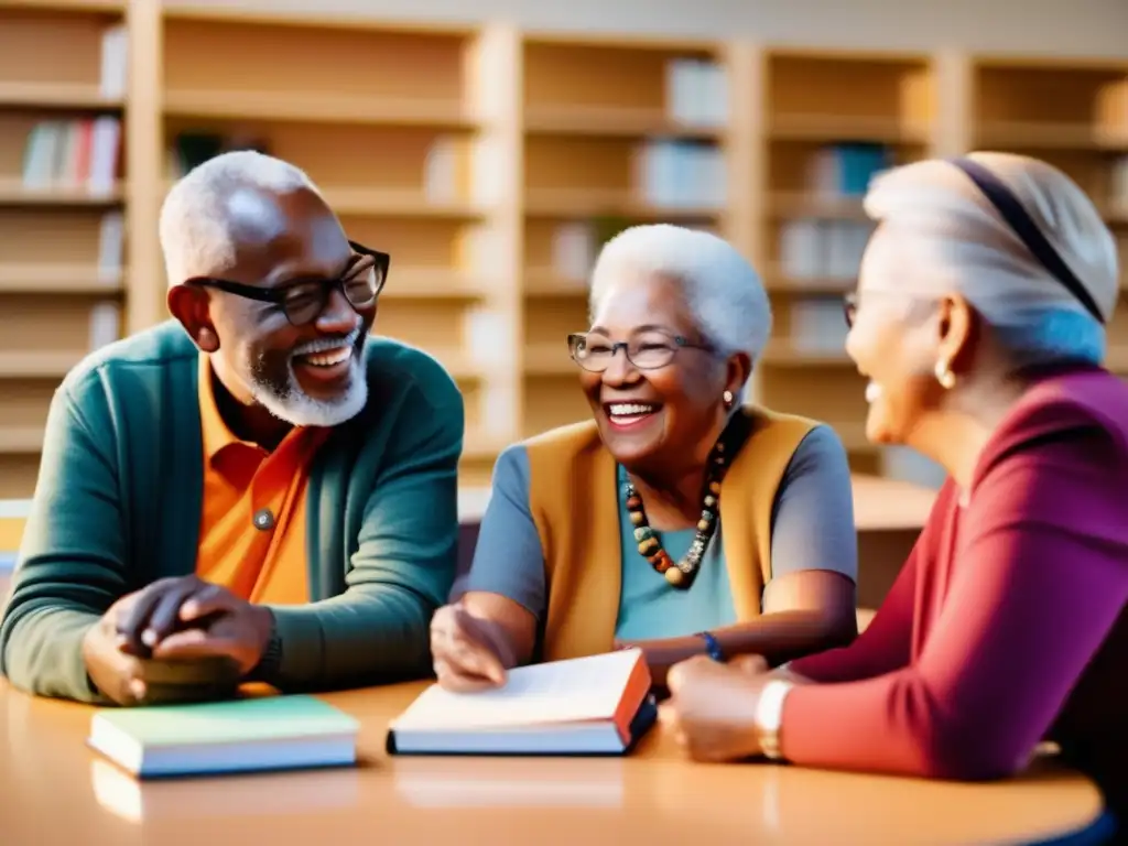 Un grupo diverso de personas mayores disfruta de una animada conversación en un centro comunitario moderno y soleado, rodeado de estantes de libros y recursos educativos. <b>Los colores vibrantes y la cálida atmósfera transmiten un sentido de conexión, intercambio de conocimientos y envejecimiento activo.</b> C