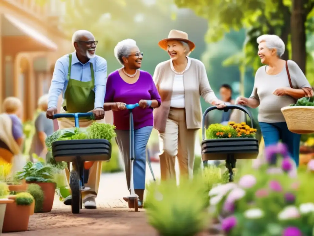 Un grupo diverso de personas mayores participa en actividades sostenibles en un entorno urbano vibrante, mostrando el impacto positivo de las poblaciones envejecidas en el cambio climático.