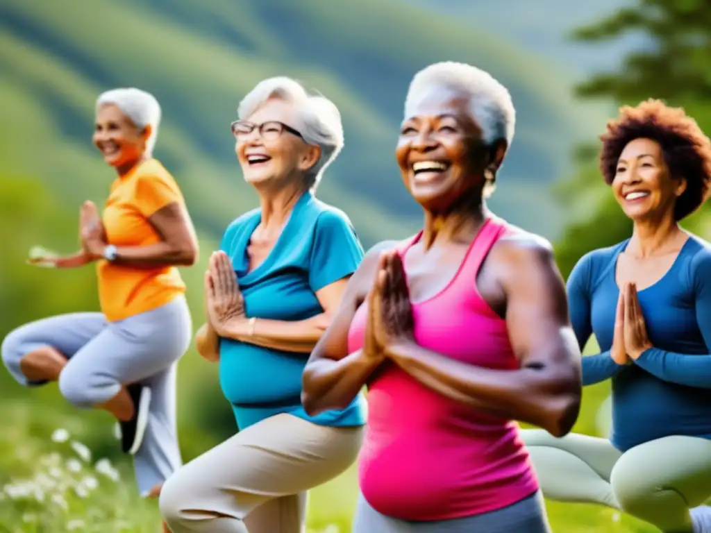 Un grupo diverso de personas mayores sonrientes disfrutando de actividades al aire libre como yoga, senderismo y jardinería, mostrando un envejecimiento activo y saludable respaldado por probióticos. Los colores vibrantes y el entorno natural transmiten una sensación de vitalidad y bienestar, mientras que la