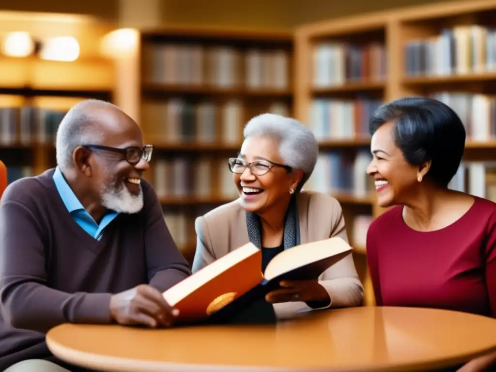 Un grupo diverso de personas mayores conversa animadamente en una moderna biblioteca, reflejando una perspectiva enriquecedora de la vejez. Libros para cambiar visión vejez