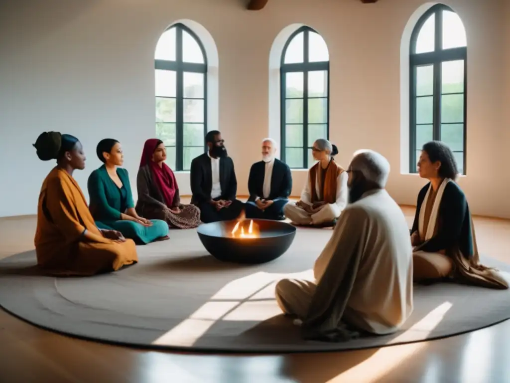 Grupo diverso de personas de distintas religiones debaten ética y longevidad humana en un ambiente de respeto y contemplación.