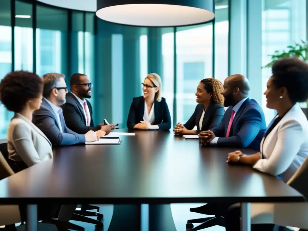 Un grupo diverso de profesionales discuten en una moderna sala de conferencias, irradiando confianza y colaboración. <b>'Influencia del trabajo en longevidad'.