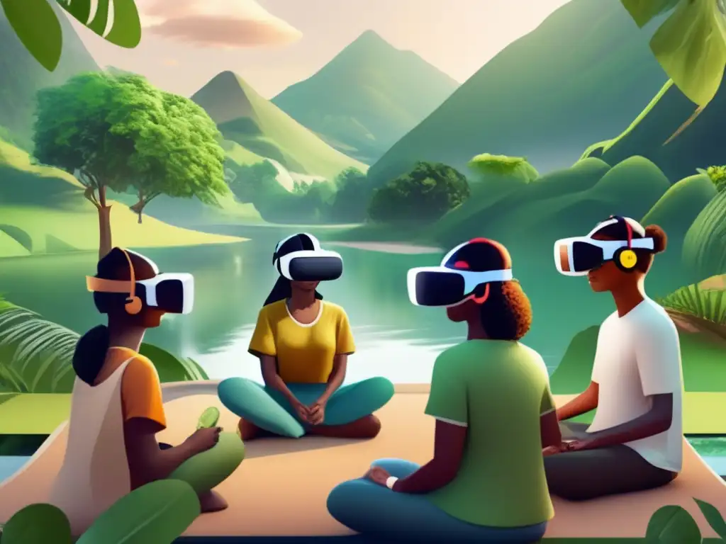 Un grupo diverso disfruta de la realidad virtual en un entorno natural, fomentando la salud mental. <b>¡Beneficios de la realidad virtual en la salud!