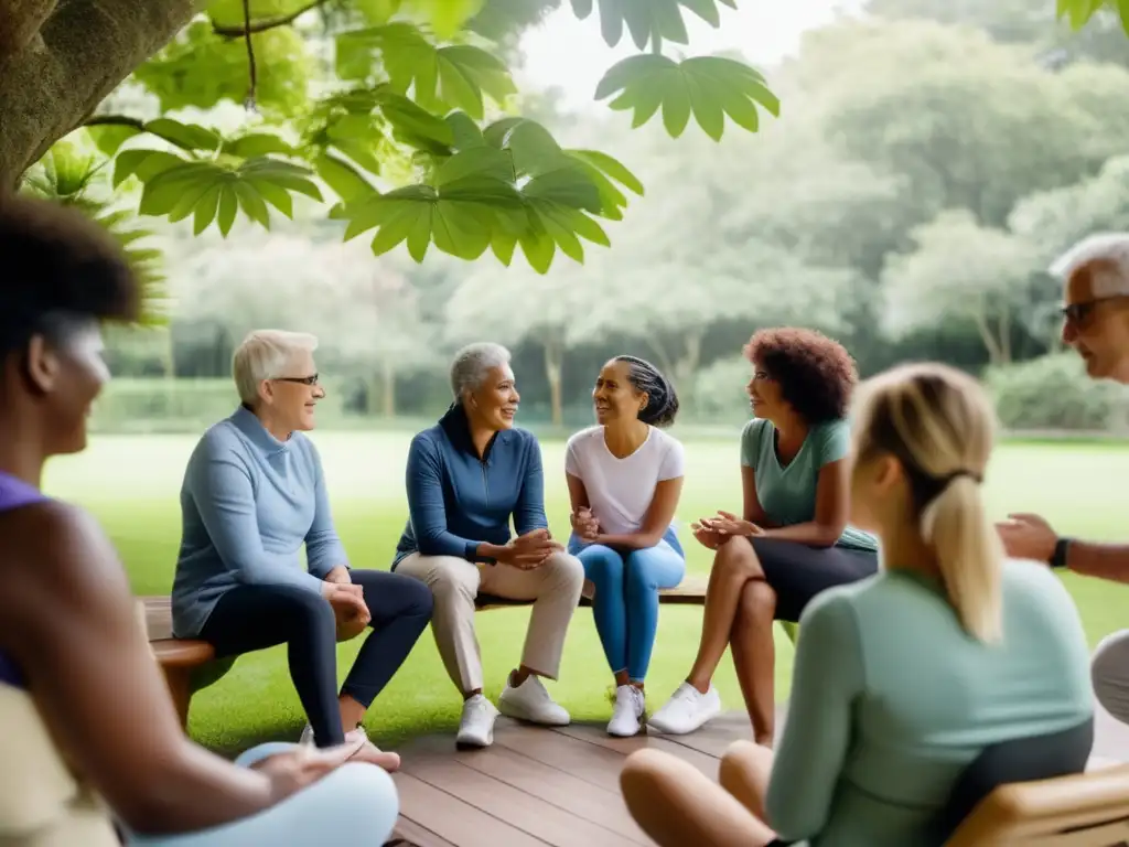 Un grupo diverso participa en una sesión de coaching al aire libre, rodeado de vegetación exuberante y luz natural. <b>El coach escucha atentamente mientras otros participantes se comprometen en actividades reflexivas, fomentando el crecimiento personal y el bienestar.</b> El ambiente sereno y las interacciones genuinas capturan la esencia del coaching