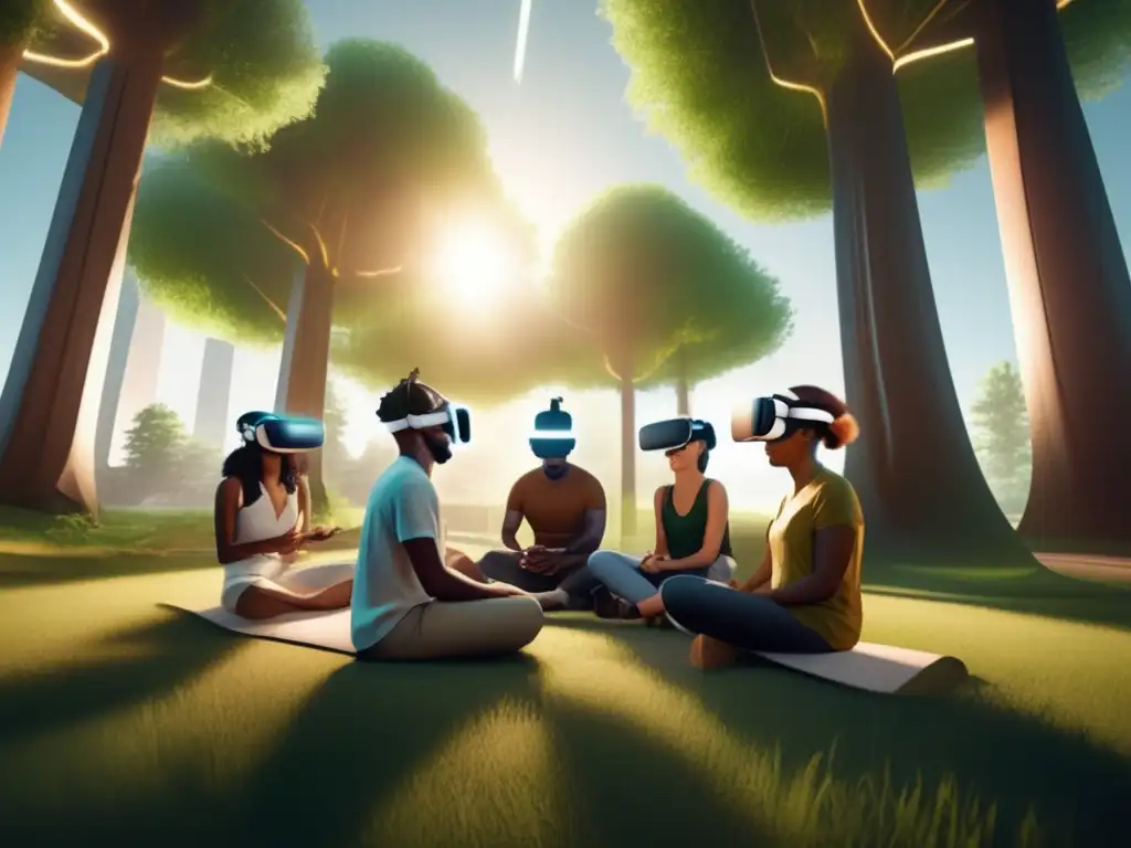 Un grupo diverso disfruta de una terapia grupal en realidad virtual, mostrando los beneficios de la realidad virtual en la salud.