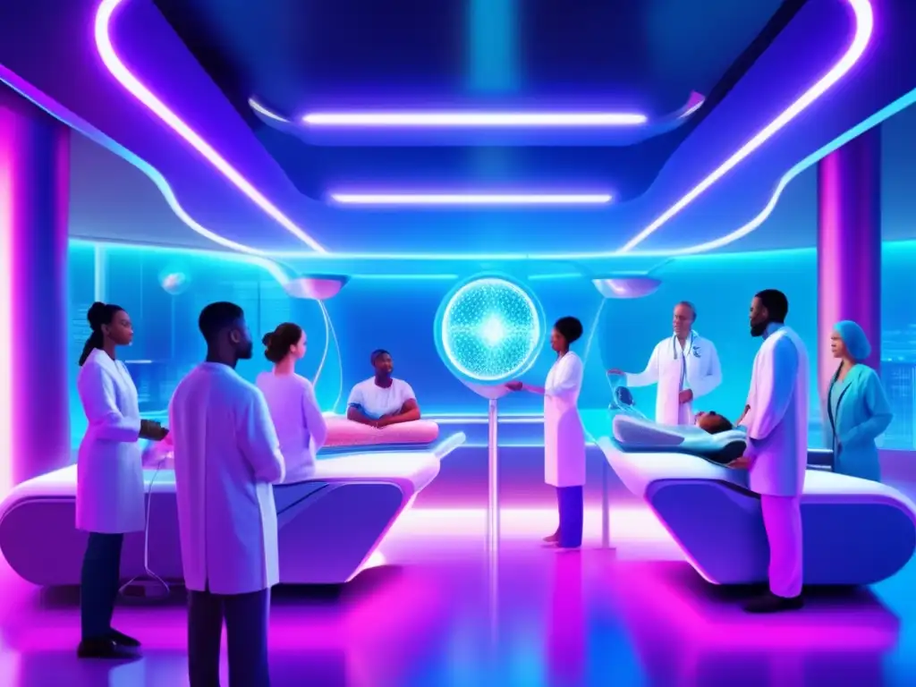 Un grupo diverso se somete a terapias innovadoras de rejuvenecimiento celular en una instalación médica futurista. <b>Vibrante y esperanzador.