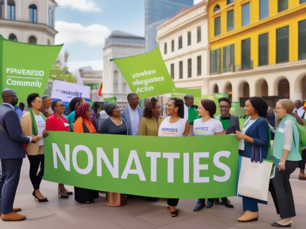 Un grupo diverso de voluntarios de ONG se reúne en una bulliciosa plaza de ciudad, planeando iniciativas para abordar desigualdades en longevidad. La imagen irradia energía, colaboración y progreso en la lucha contra desigualdades en longevidad.