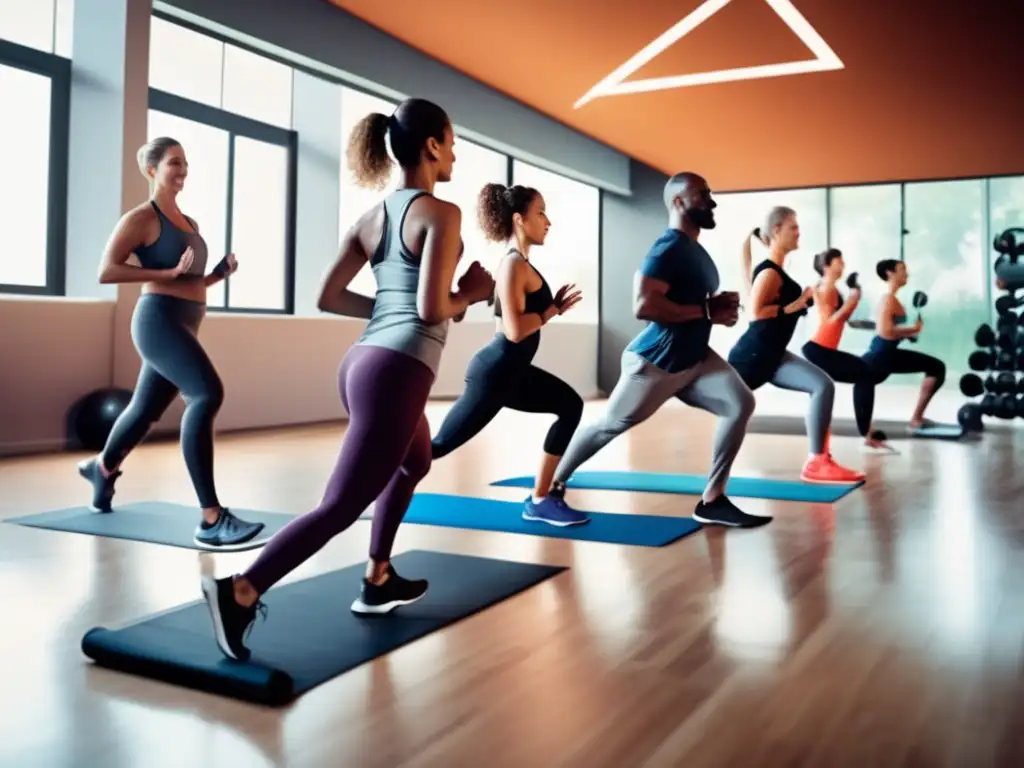 Un grupo diverso realiza yoga, levantamiento de pesas, running y ciclismo en un moderno gimnasio. <b>Tecnología, motivación y rutinas personalizadas.