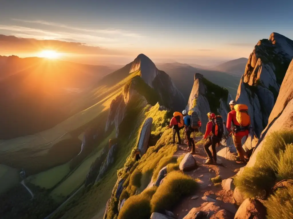 Un grupo de escaladores experimentados alcanza la cima de una majestuosa montaña al atardecer, mostrando los beneficios de longevidad de la escalada.