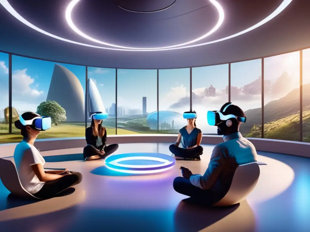 Un grupo inmerso en una reunión virtual en un entorno futurista rodeado de naturaleza. <b>'Realidad virtual como herramienta de conexión'.