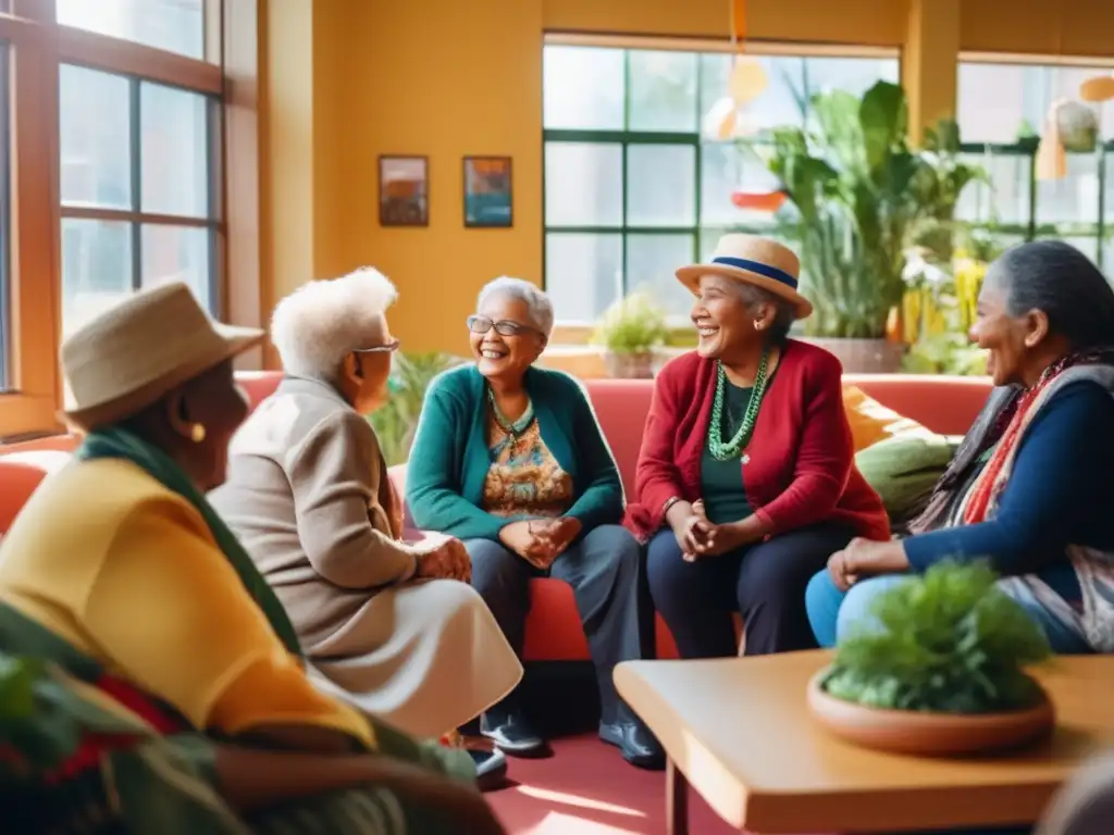 Un grupo de inmigrantes de la tercera edad de diferentes orígenes culturales conversando animadamente en un centro comunitario acogedor y soleado. <b>Sus atuendos y joyas reflejan sus herencias únicas mientras comparten historias y risas.</b> A través de las ventanas, se ve una bullic