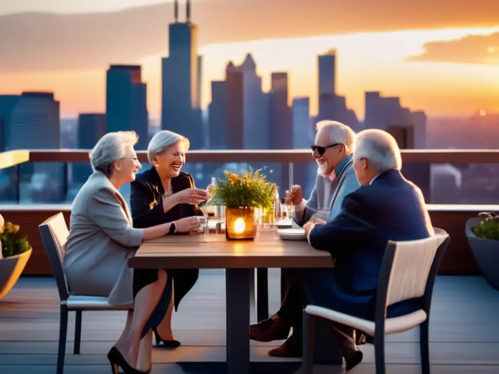 Un grupo de jubilados disfruta de una animada conversación en una terraza con vista a la ciudad al atardecer, simbolizando el espíritu de reinventarse en la jubilación después de los 60.