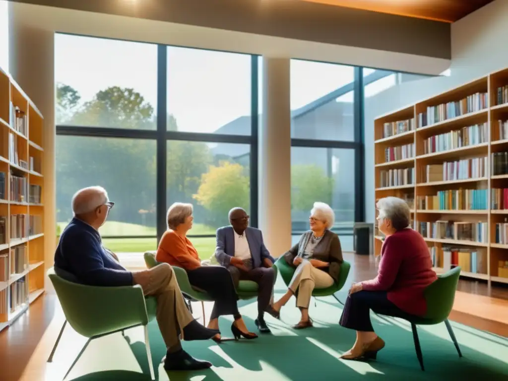 Un grupo de jubilados participando en una animada discusión en una moderna biblioteca llena de libros. <b>La luz natural ilumina el espacio, creando una atmósfera cálida y acogedora.</b> <b>Oportunidades de crecimiento mental en la jubilación.