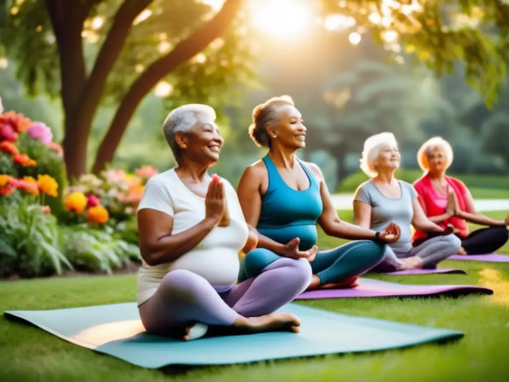 Un grupo de mayores activos practica yoga al aire libre en un parque exuberante al atardecer. <b>Refleja bienestar, comunidad y longevidad sostenible.