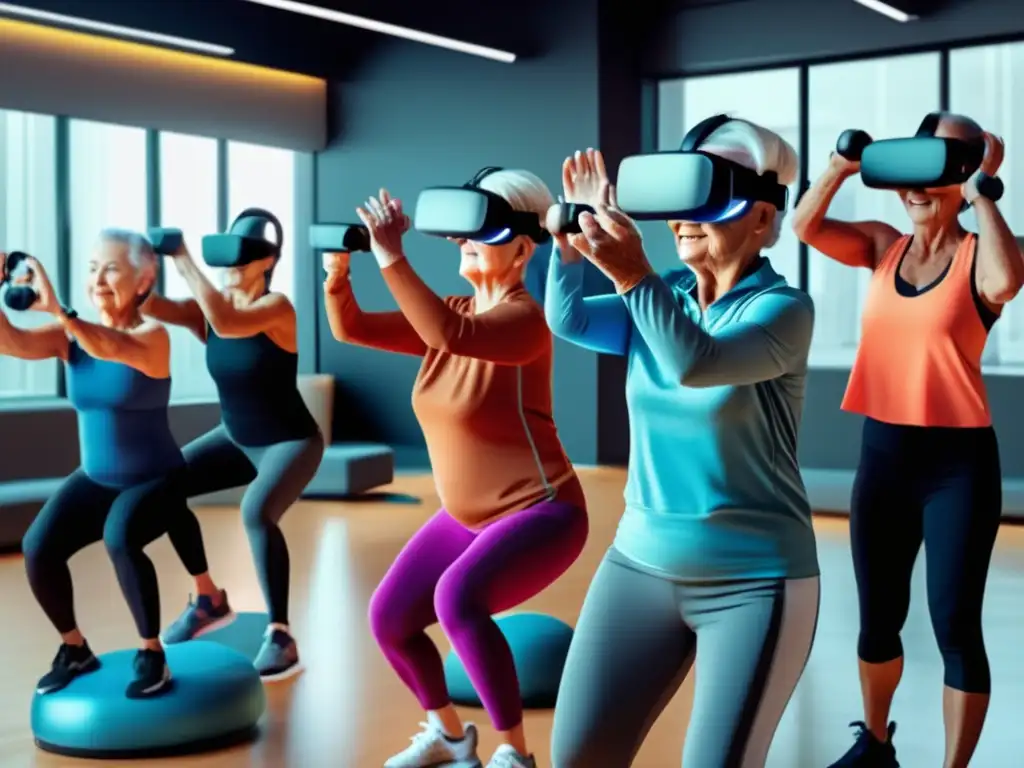 Entrenamiento virtual para adultos mayores en gimnasio moderno