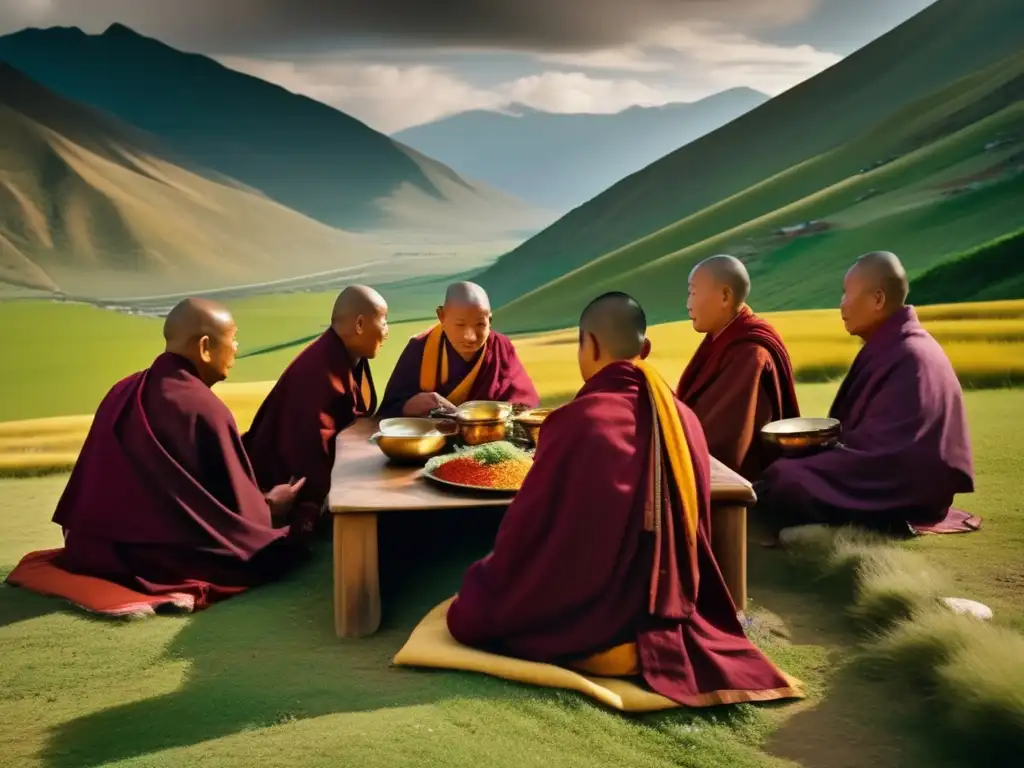 Un grupo de monjes tibetanos en tradicionales túnicas disfrutan de una comida tranquila en las exuberantes montañas tibetanas, mostrando la dieta monjes tibetanos longevidad.