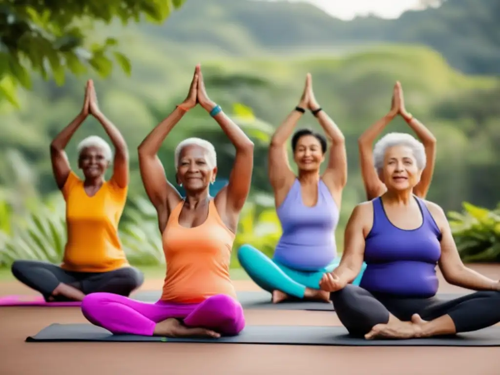 Un grupo de mujeres mayores de diferentes culturas practicando yoga al aire libre rodeadas de exuberante vegetación. La escena irradia vitalidad, empoderamiento y diversidad, celebrando la longevidad y las diferencias de género.