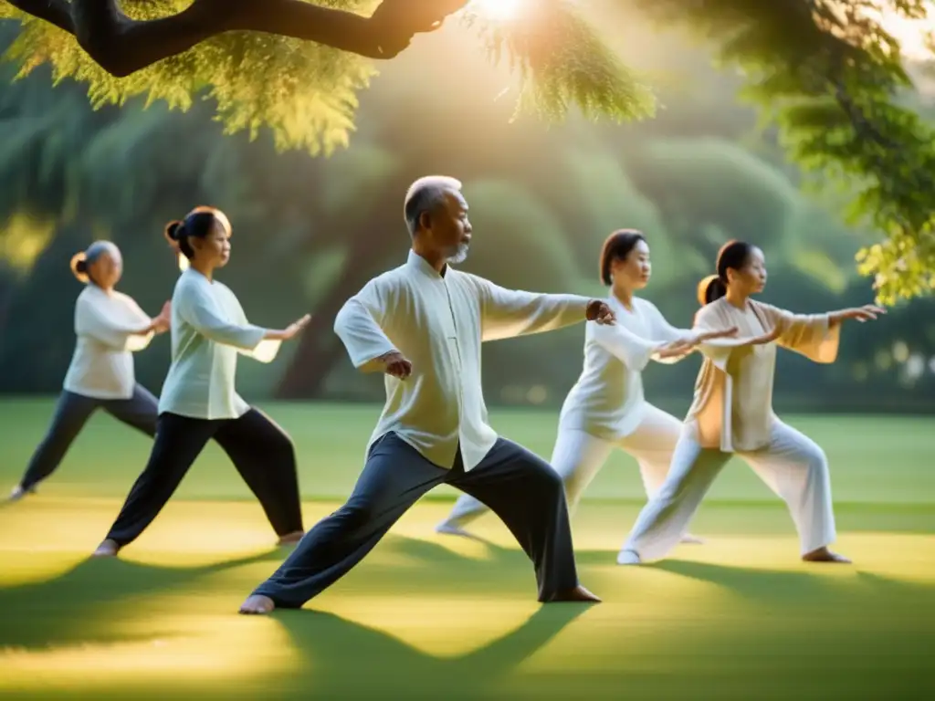 'Grupo practicando Tai Chi en un parque sereno, capturando la armonía y beneficios de Qi Gong y Tai Chi en la naturaleza.'