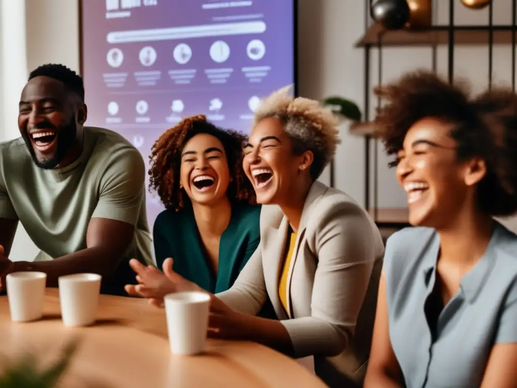 Un grupo de personas diversas de diferentes edades y etnias riendo juntas en una sala moderna y bien iluminada. La imagen captura la alegría genuina en sus rostros, las arrugas alrededor de sus ojos y la forma en que sus cuerpos reaccionan a la risa. El fondo presenta gráf