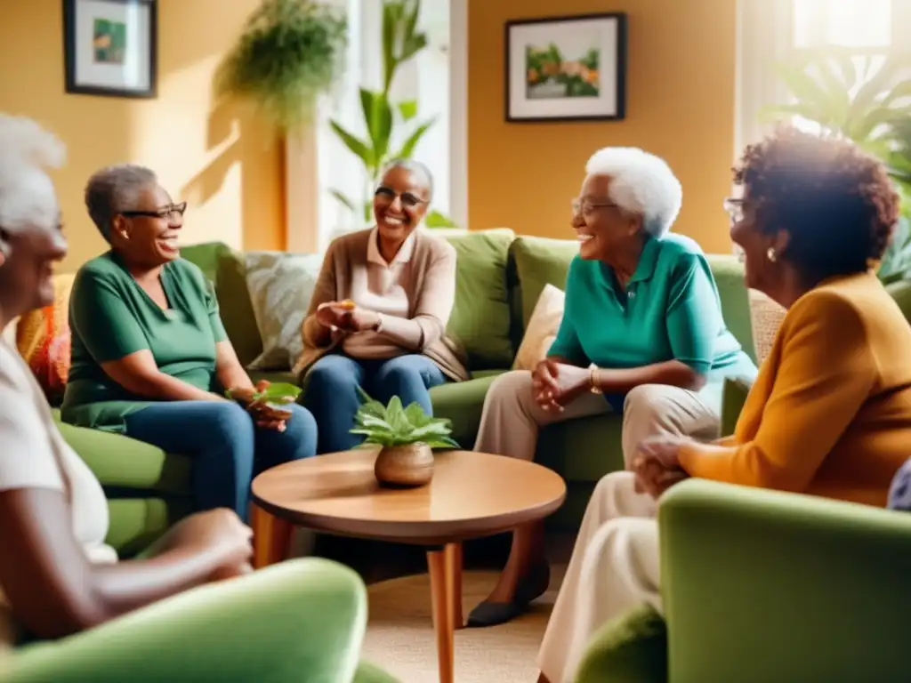 Un grupo de personas mayores conversando animadamente en una acogedora sala iluminada por el sol. <b>La atmósfera es cálida y acogedora, con arte vibrante y plantas exuberantes.</b> Refleja la riqueza de experiencias y la interacción de géneros en el contexto del envejecimiento