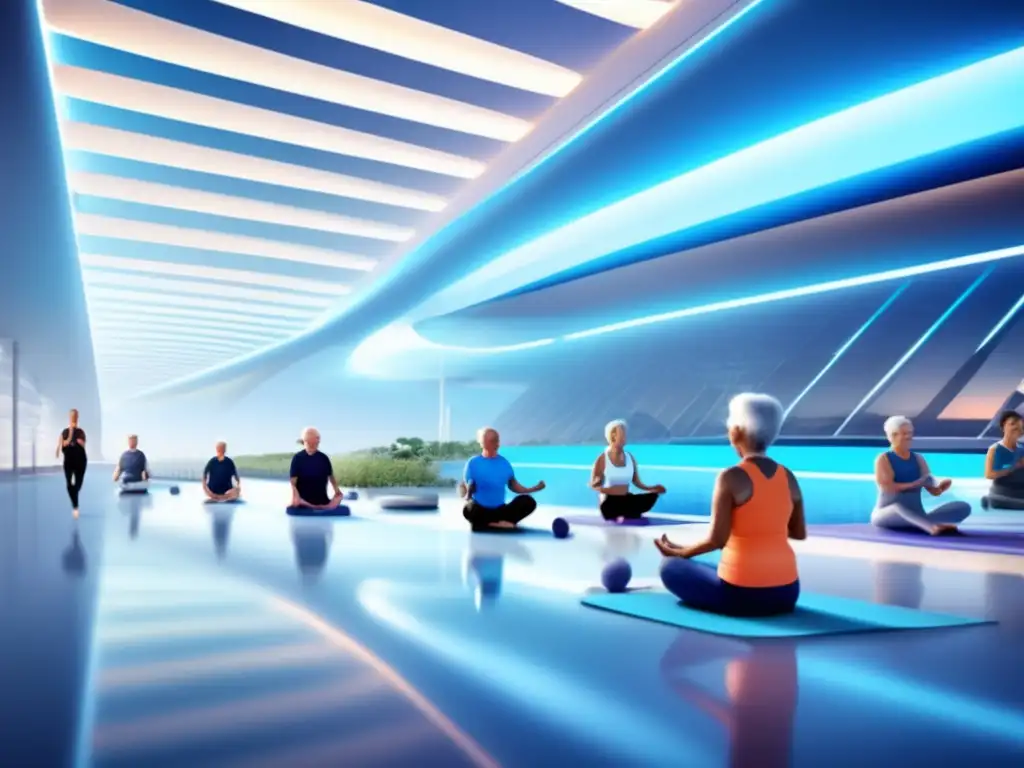 Un grupo de personas mayores disfruta de actividades físicas como yoga, trotar y nadar en un entorno futurista y tecnológicamente avanzado, mostrando el potencial de la nanotecnología para la longevidad saludable.