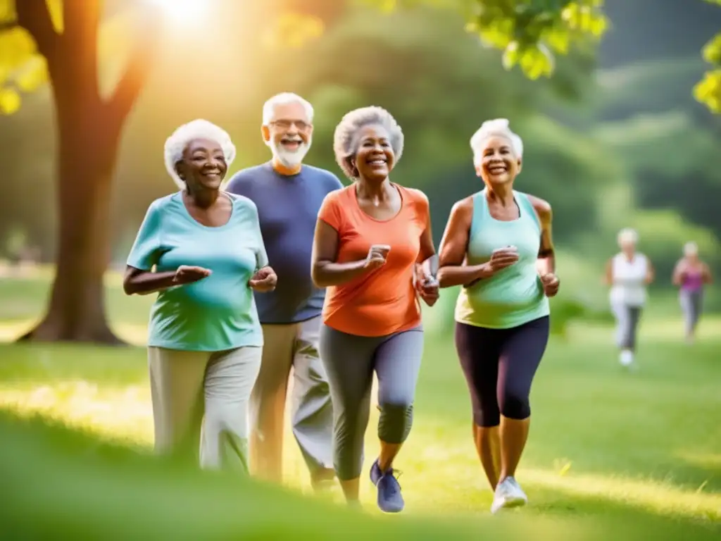 Vitalidad en la tercera edad: disfrutando la vida al máximo Un grupo de personas mayores practica actividades al aire libre en un parque vibrante y exuberante, demostrando un estilo de vida activo y saludable en su vejez. El sol brilla, creando un ambiente cálido, y los colores vibrantes transmiten vitalidad y energía. Cada persona sonríe, irradi