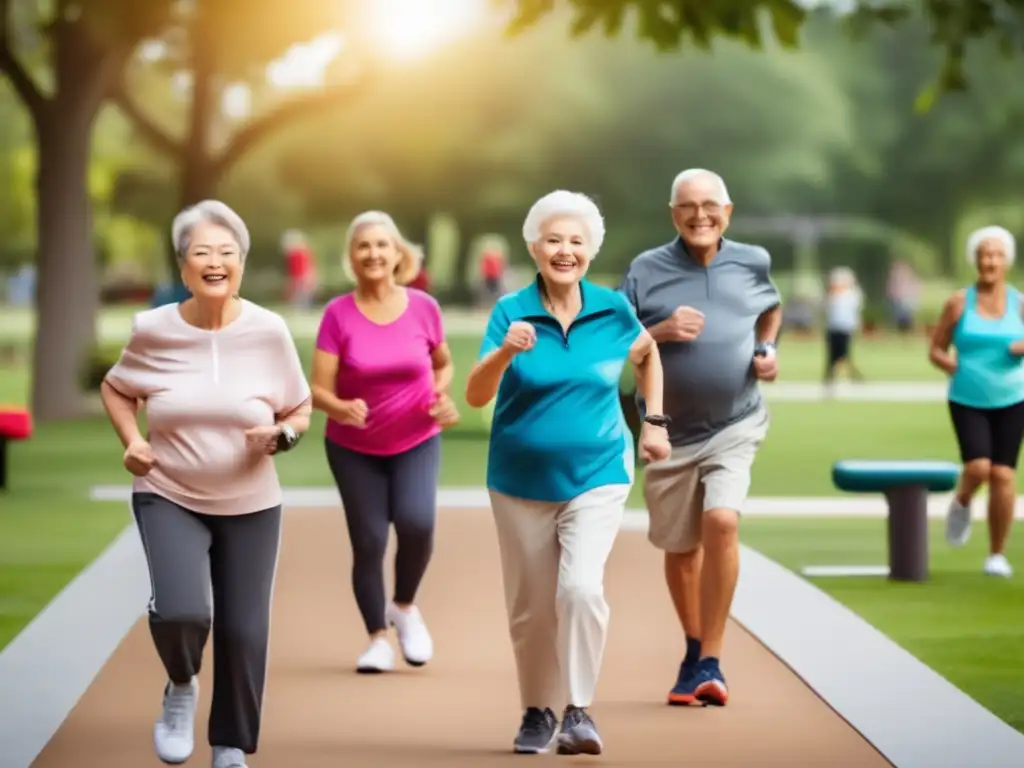 Un grupo de personas mayores disfruta de actividades físicas en un parque de fitness al aire libre, promoviendo la movilidad en la vejez.