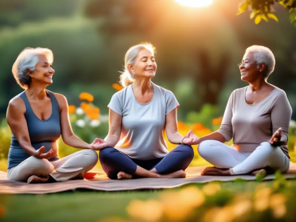 Un grupo de personas mayores practica mindfulness al aire libre, rodeados de naturaleza, en una escena serena y armoniosa. Mindfulness para seniors longevidad saludable