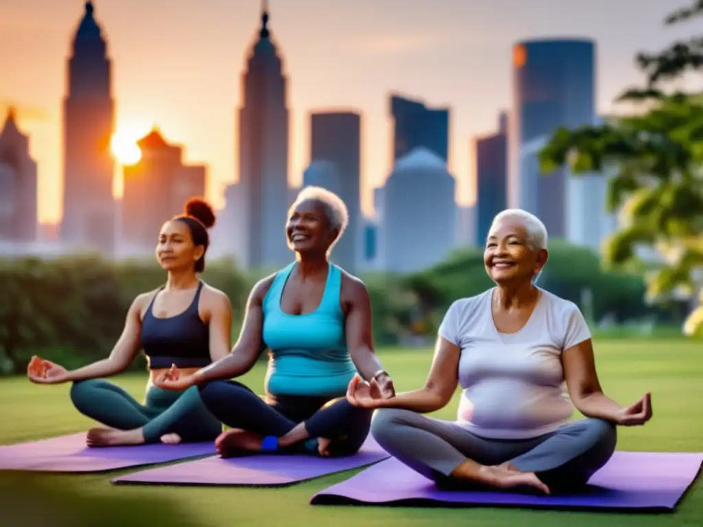 Un grupo de personas mayores practica yoga al aire libre rodeado de vegetación exuberante y arquitectura urbana moderna al atardecer, en una escena que simboliza las tendencias emergentes en longevidad humana.