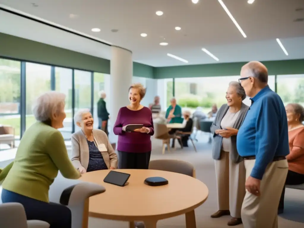 Un grupo de personas mayores participa en una animada discusión en un centro comunitario moderno y abierto, rodeado de productos y tecnología innovadores y amigables para la edad. <b>El espacio está lleno de luz natural, creando una atmósfera cálida y acogedora.</b> Los adultos mayores interactúan de