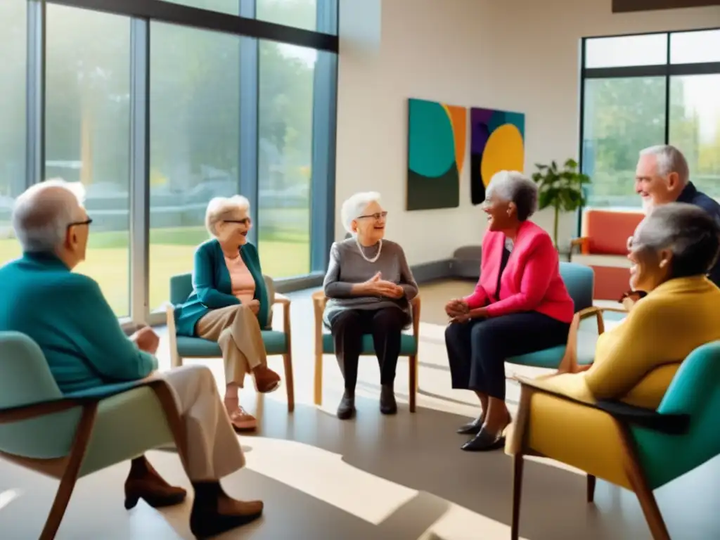 Un grupo de personas mayores disfrutando de una animada conversación en un moderno centro comunitario. <b>La sala está llena de arte contemporáneo y la luz natural inunda el espacio.</b> El diverso grupo de ancianos está sentado en sillas cómodas, con expresiones animadas que indican profundo compromiso en la convers