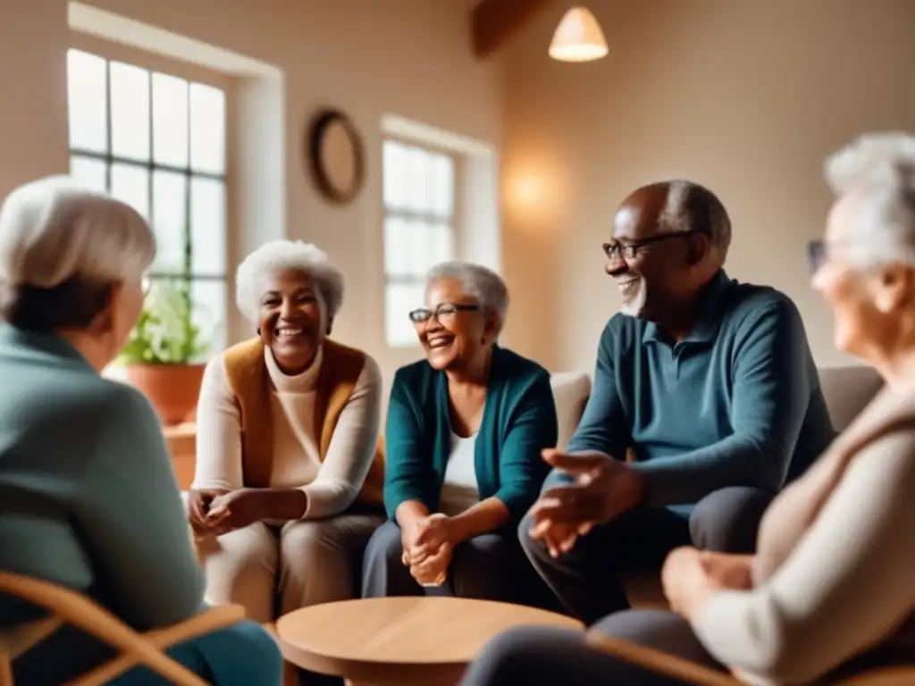 Un grupo de personas mayores participa en una animada terapia grupal, creando un ambiente cálido y acogedor. Se apoya la importancia de la psicología positiva en el envejecimiento.