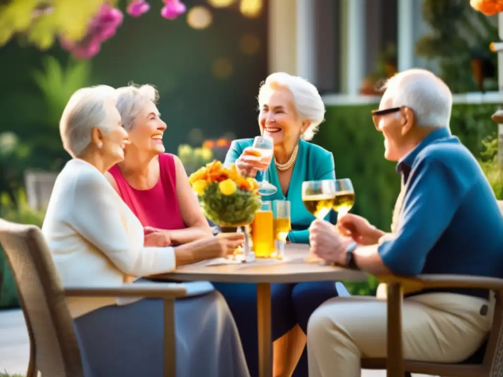 Un grupo de personas mayores disfrutando de una animada conversación en un patio soleado, mientras toman vino. El cálido sol resalta los colores vibrantes de las flores y la vegetación, transmitiendo una sensación de bienestar y relajación. Captura el aspecto social del consumo moderado de alcohol en adultos mayores,