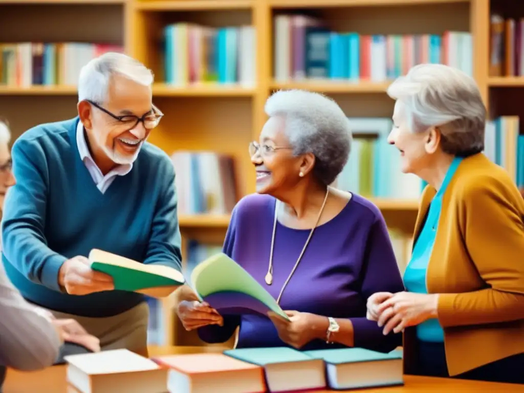 'Grupo de personas mayores disfrutando de una animada conversación en un centro comunitario moderno y luminoso, rodeados de estanterías con libros y materiales educativos. El ambiente rebosa calidez y curiosidad intelectual mientras intercambian conocimientos y experiencias, resaltando la importancia del aprendizaje