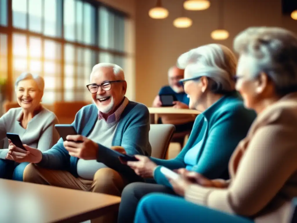 Un grupo de personas mayores disfruta de una animada discusión en un centro comunitario moderno, usando redes sociales en sus dispositivos. La luz natural se mezcla con el brillo de las pantallas, destacando la importancia de la longevidad humana y redes sociales.