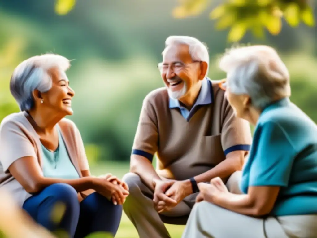 Un grupo de personas mayores disfrutando de una animada conversación al aire libre, resaltando la importancia de las relaciones sociales en la longevidad.