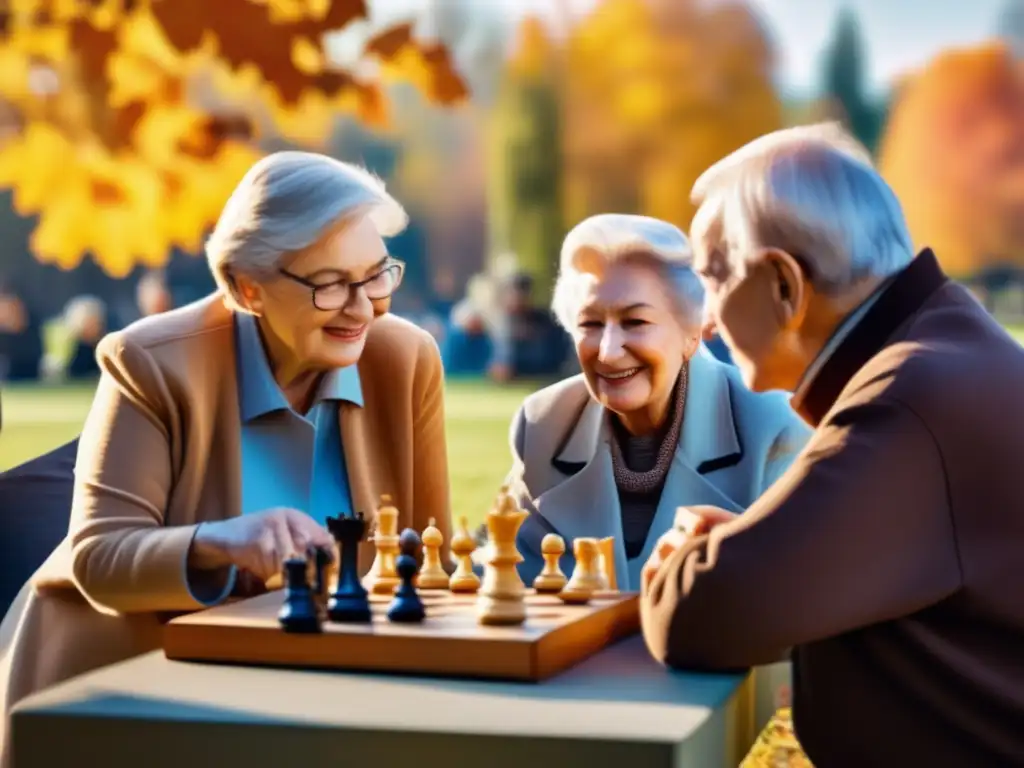 Un grupo de personas mayores disfruta de una animada partida de ajedrez en un parque soleado, mientras el follaje otoñal brilla al fondo. <b>Sus expresiones transmiten camaradería y desafío intelectual, capturando la vitalidad y sabiduría de la edad.</b> Factores diferencia longevidad gé