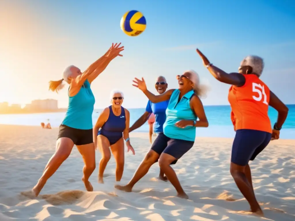 Un grupo de personas mayores disfruta de un animado juego de voleibol playero, reflejando vitalidad y amistad. Sus expresiones alegres y enérgicas transmiten un mensaje de longevidad y bienestar a través de las actividades físicas para longevidad saludable.