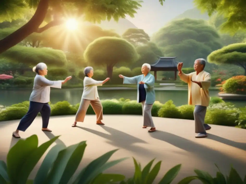 Un grupo de personas mayores practicando tai chi en un jardín sereno, con un estanque y vegetación exuberante de fondo. <b>Transmiten paz y contento.</b> <b>