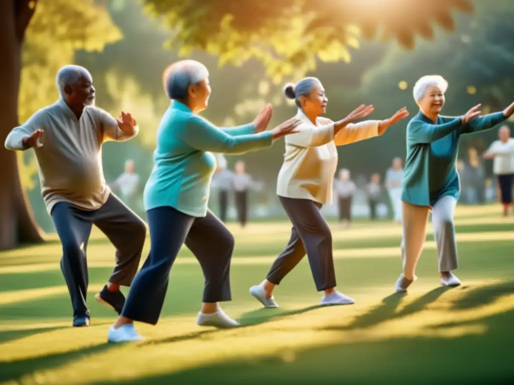 Un grupo de personas mayores practicando tai chi en un parque sereno, bañados por la cálida luz del sol. <b>La exuberante vegetación y la atmósfera pacífica transmiten una sensación de salud integral y apoyo comunitario para la población envejecida.</b> La imagen muestra el envejecimiento