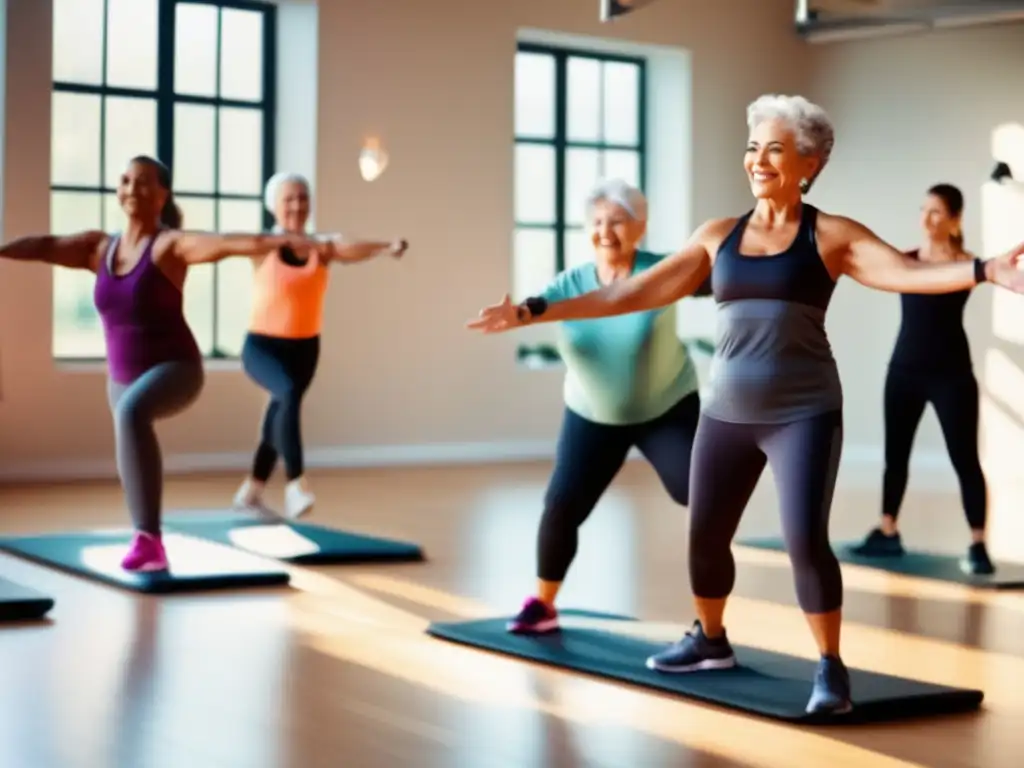 Grupo de personas mayores participando en clase de equilibrio para longevidad, con instructora sonriente y equipamiento moderno.