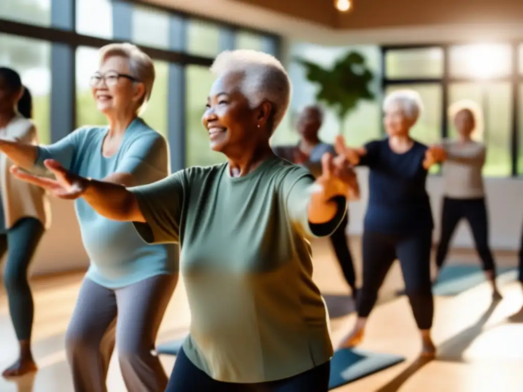 Un grupo de personas mayores participa en una clase de tai chi en un estudio moderno y soleado, con grandes ventanas que dan a un jardín tranquilo. El instructor guía al grupo en movimientos gráciles, mientras los participantes están enfocados y serenos, encarnando el enfoque holístico para un enve