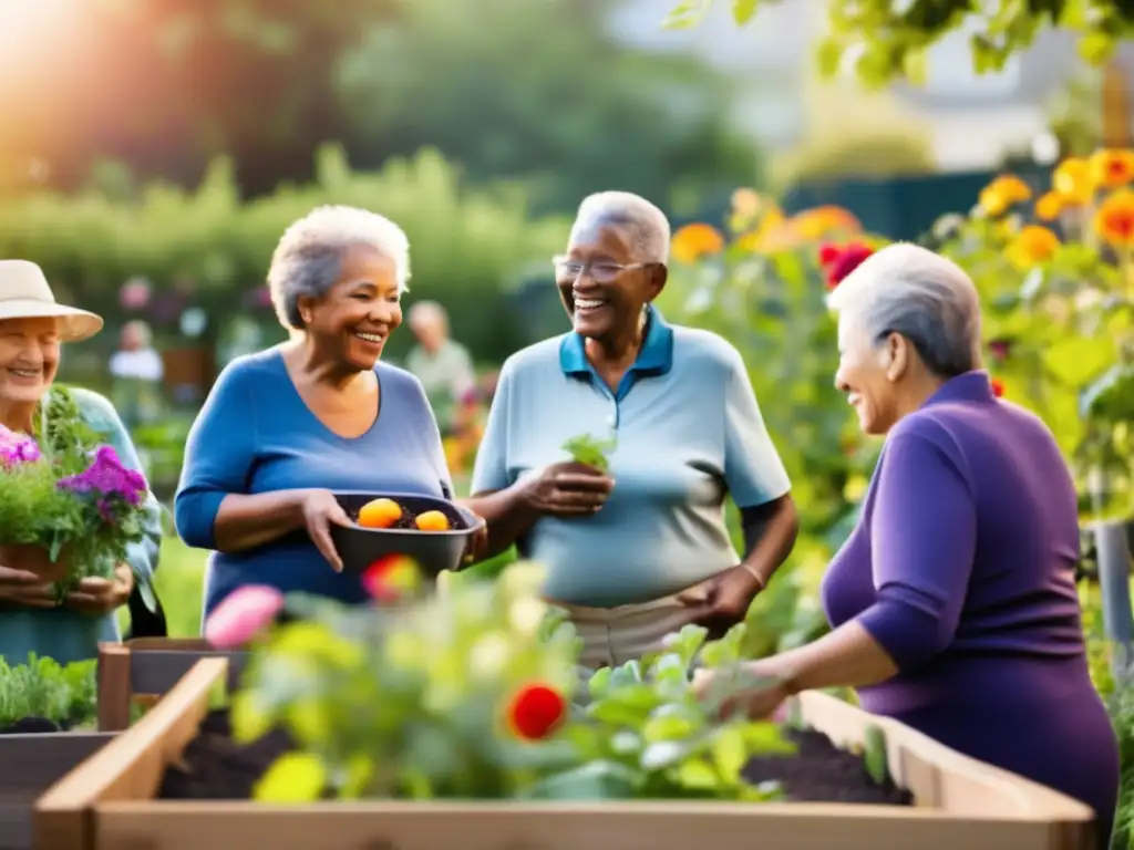 Un grupo de personas mayores participando en un jardín comunitario, rodeados de vegetación exuberante y flores coloridas, compartiendo conocimientos y experiencias. Refleja la colaboración intergeneracional y la resiliencia comunitaria frente al cambio climático y las políticas públicas de longevidad.